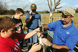 Adam Rodgers helps weigh a bass with biologist Josh Flowers as dad Dennis Rodgers films the event for posterity.