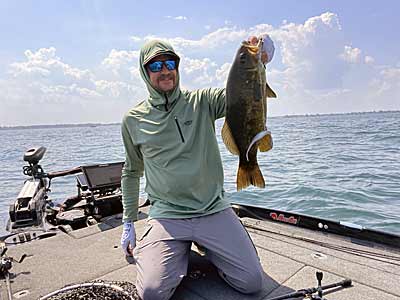 A smallmouth bass caught with a drop-shot rig with the help of forward-facing sonar.