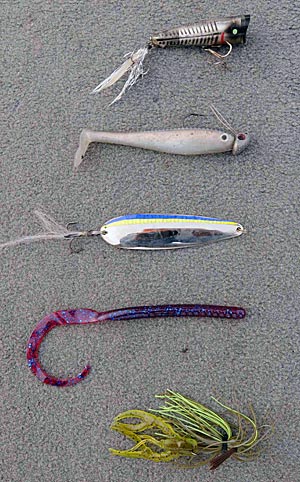 Dion Hibdon’s five favorite lures for summertime bass are (from top) a topwater popper, swimbait, flutter spoon, plastic worm, and jig with a soft plastic trailer.