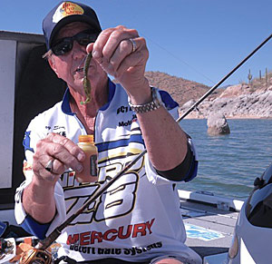 Gary Senft dips his baits in SpikeIt dye to add color - chartreuse mimics the tail of a sunfish.