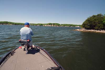 Dion Hibdon suggests points are an excellent place to start looking for postspawn bass in unfamiliar waters. 