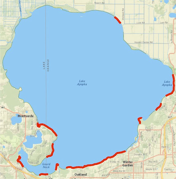 Marked in red is where the bass fishing in Lake Apopka should be best, with good numbers of quality sized bass larger than 16” sampled by FWC biologists.