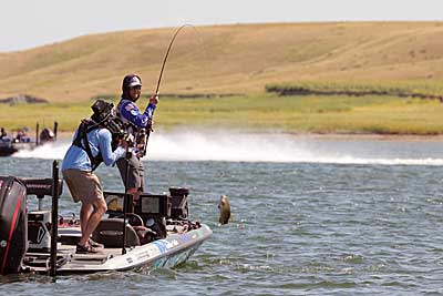 Boat control is a big deal when fishing in the wind. Bassmaster Elite Series angler Austin Felix prefers to approach spots from their downwind side so he isn't pushed onto them. Photo courtesy of B.A.S.S. / Seigo Saito