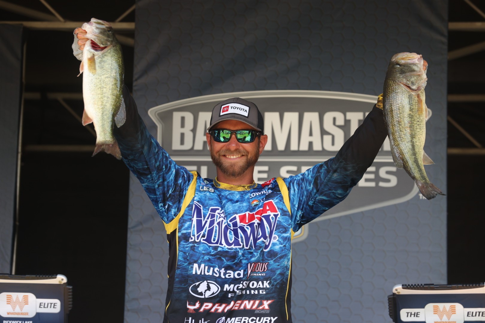 Brandon Lester of Fayetteville, Tenn., is leading after Day 2 of the 2022 Whataburger Bassmaster Elite at Pickwick Lake with a two-day total of 41 pounds, 13 ounces. Photo by Seigo Saito/B.A.S.S.