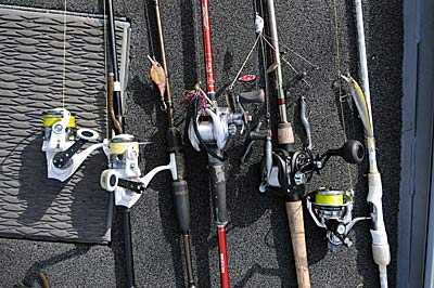 Guide Jack Uxa’s five lure choices for wintertime bass are (left to right) a Ned rig, crankbait, jig, Alabama rig, and jerkbait. 