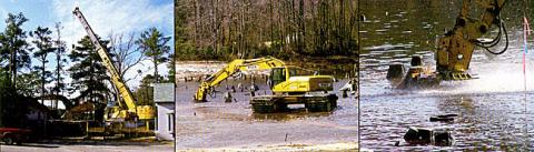 (click to enlarge)A Wilco marsh buggy with stump grinder attached. The machine was employed to eliminate stumps from the lake bottom. Stumps are from trees left in the lake bottom when filled in 1835.