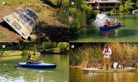 1) The pond boat many of us used for years and years...and still do. Jon boat. 2) A standard canoe. 3) Small, one person kayak. 4) Hobie also has some great fishing kayaks, with lots of storage and options. Photo courtesy Hobie. (Click to enlarge)