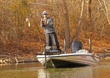 Carhartt College Bass qualifier Matt Lee, a 23-year-old engineering major from Auburn, slings a spinnerbait in the back of a cove near Tera Miranda.