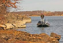 You’ll struggle to find any aquatic vegetation in Grand Lake. Instead, you’ll find 1,300 miles of rocky shoreline like this.