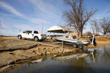 A Toyota Tundra backs a boat down the hugely popular Martin Landing launch ramp located in the back of Echo Bay.