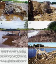 (clickk to enlarge) 1) When I arrived, here's the sight at th eoverflow pipe. It was still draining. 2) Mike Otto sensed the urgency and came straightaway. He and his right hadn man, Lupe (pictured), exacvated teh site and after thourough examination, filled the overflow pipe with concrete to seal it. The, his team widened the earthen spillway to become the primary spillway. 3) Whe I drove up to the lake, I saw the dock, low...way lower than it should be. Notice the walkway is bent. We'll have to repair tha